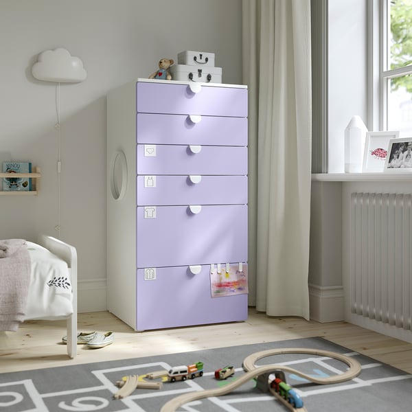 SMÅSTAD / PLATSA chest of 6 drawers, white/lilac, 60x57x123 cm