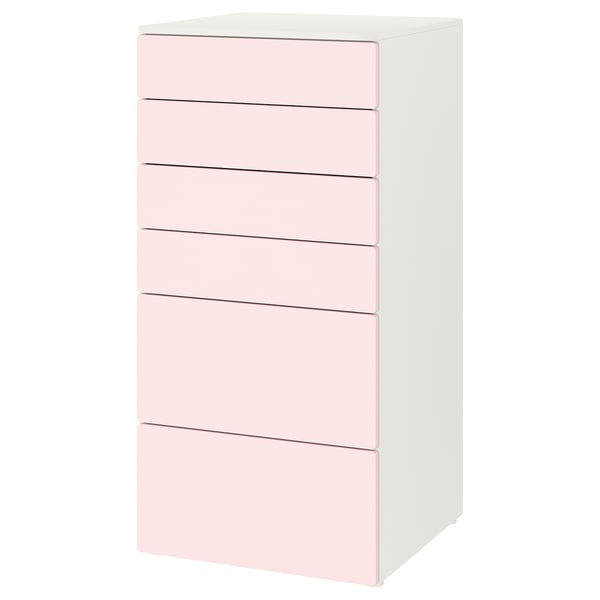 SMÅSTAD / PLATSA - Chest of 6 drawers, white/pale pink, 60x57x123 cm