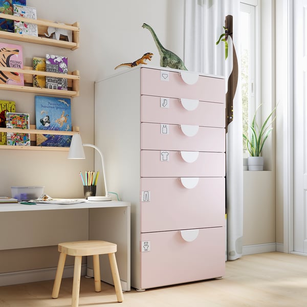 SMÅSTAD / PLATSA - Chest of 6 drawers, white/pale pink, 60x57x123 cm