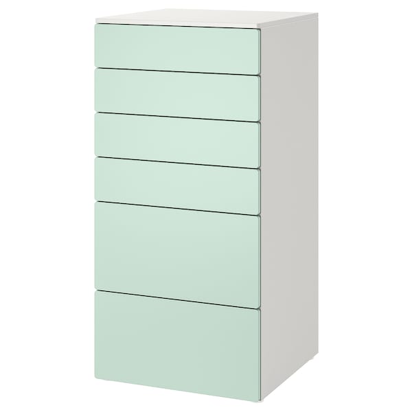 SMÅSTAD / PLATSA - Chest of 6 drawers, white/light green, 60x57x123 cm