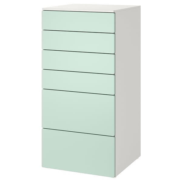 SMÅSTAD / PLATSA - Chest of 6 drawers, white/light green, 60x57x123 cm