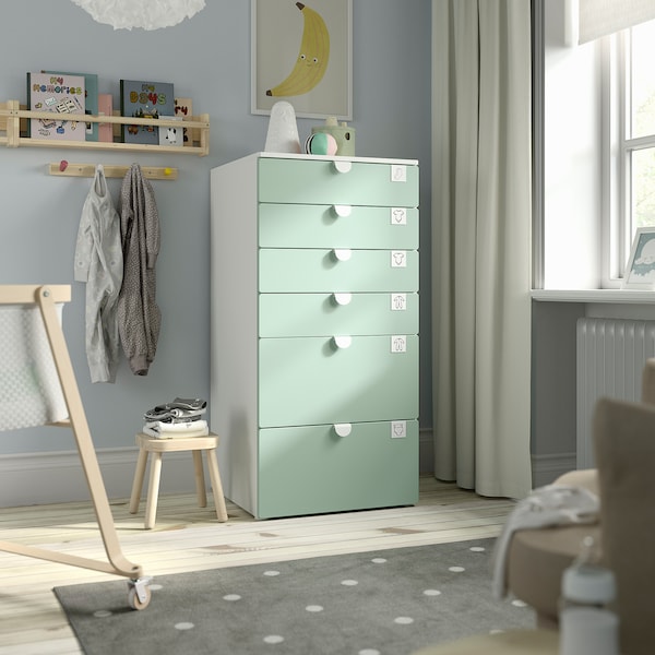 SMÅSTAD / PLATSA - Chest of 6 drawers, white/light green, 60x57x123 cm