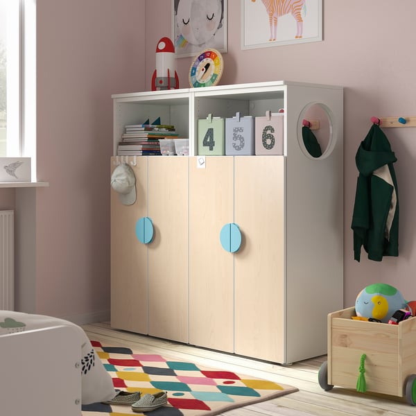 SMÅSTAD / PLATSA storage combination, white/birch with 6 shelves, 120x42x123 cm