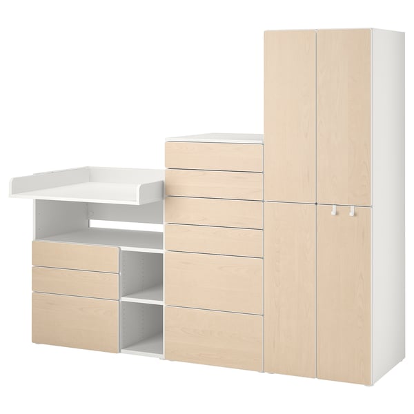 SMÅSTAD / PLATSA storage combination, white birch/with changing table, 210x79x181 cm