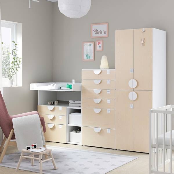 SMÅSTAD / PLATSA storage combination, white birch/with changing table, 210x79x181 cm