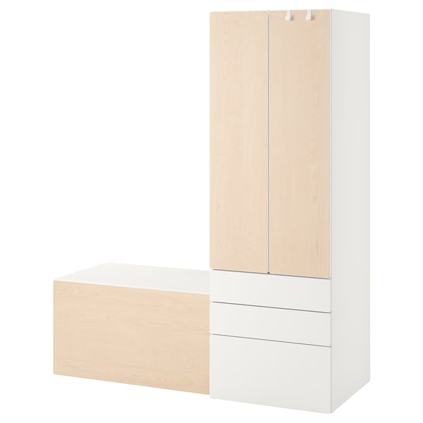 SMÅSTAD / PLATSA storage combination, white birch/with bench, 150x57x181 cm