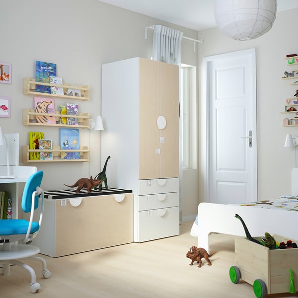 SMÅSTAD / PLATSA storage combination, white birch/with bench, 150x57x181 cm