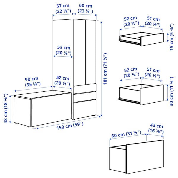 SMÅSTAD / PLATSA - Storage combination, white white/with bench, 150x57x181 cm