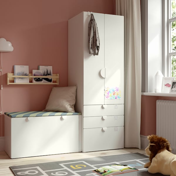 SMÅSTAD / PLATSA - Storage combination, white white/with bench, 150x57x181 cm