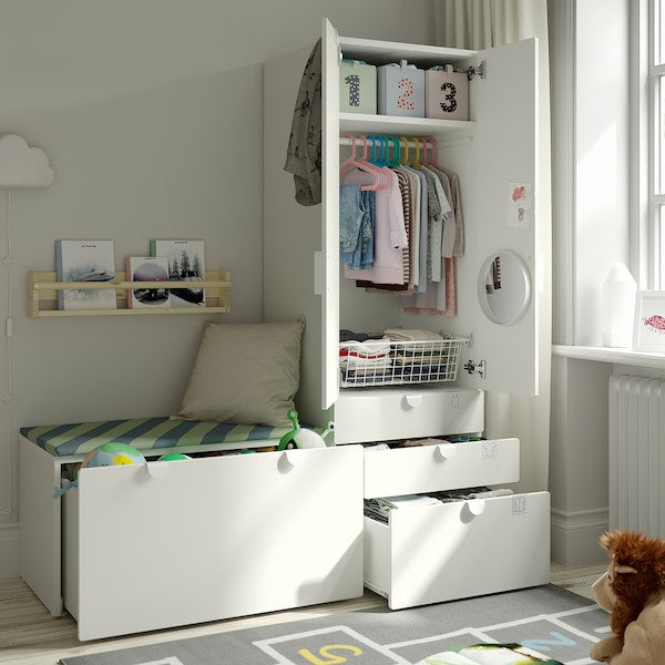 SMÅSTAD / PLATSA - Storage combination, white white/with bench, 150x57x181 cm