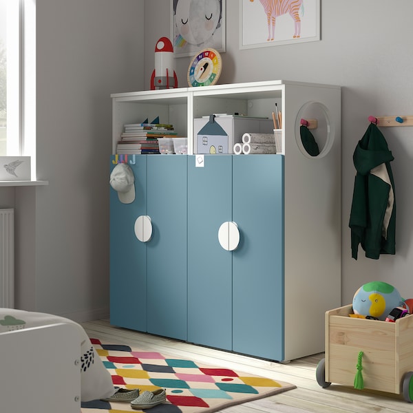 SMÅSTAD / PLATSA - Storage combination, white/blue with 6 shelves, 120x42x123 cm