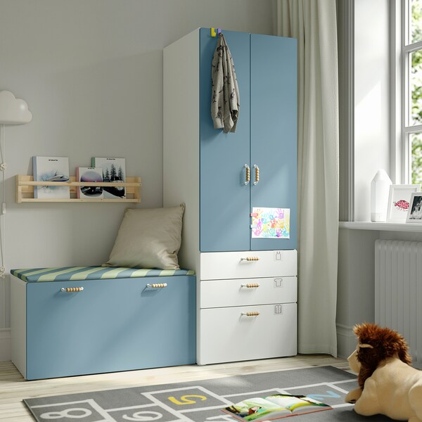 SMÅSTAD / PLATSA - Storage combination, white blue/with bench, 150x57x181 cm