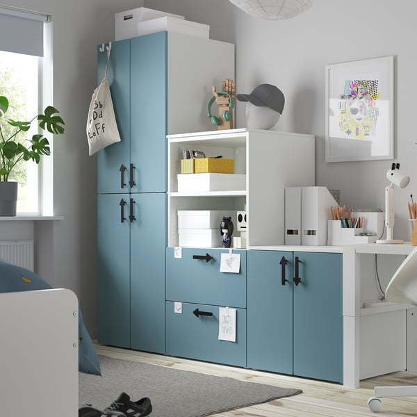 SMÅSTAD / PLATSA - Storage combination, white/blue, 180x57x181 cm