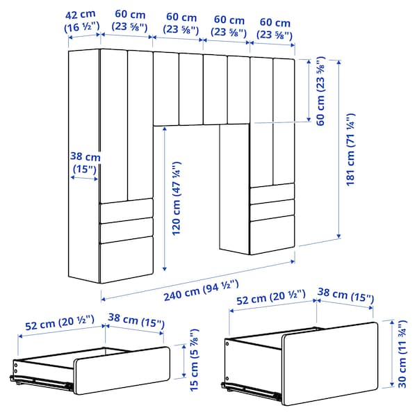 SMÅSTAD / PLATSA - Furniture combination, white/blue,240x42x181 cm