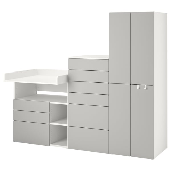 SMÅSTAD / PLATSA storage combination, white grey/with changing table, 210x79x181 cm