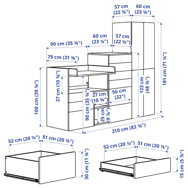SMÅSTAD / PLATSA - Storage combination, white grey/with changing table, 210x79x181 cm