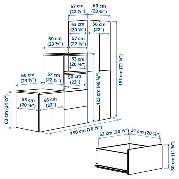 SMÅSTAD / PLATSA - Storage combination, white/grey, 180x57x181 cm