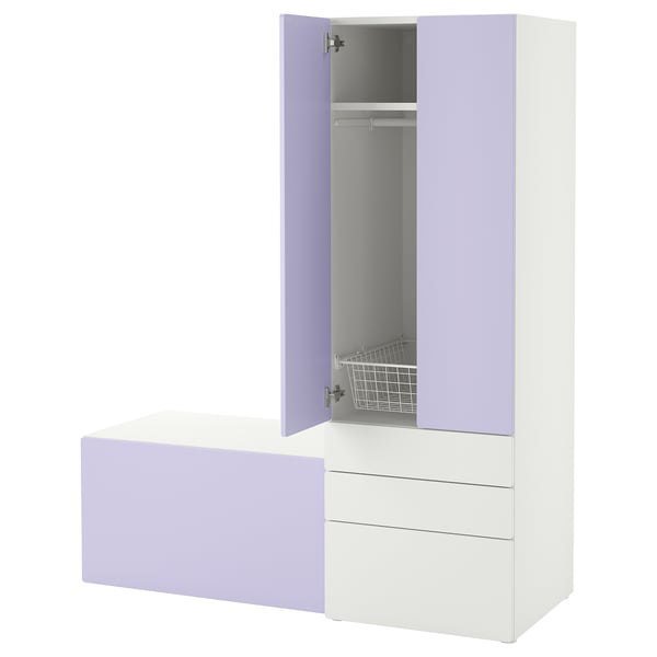 SMÅSTAD / PLATSA storage combination, white lilac/with bench, 150x57x181 cm