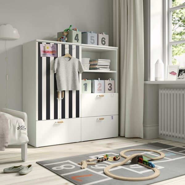 SMÅSTAD / PLATSA storage combination, white black/white/stripe with 3 drawers, 120x42x123 cm