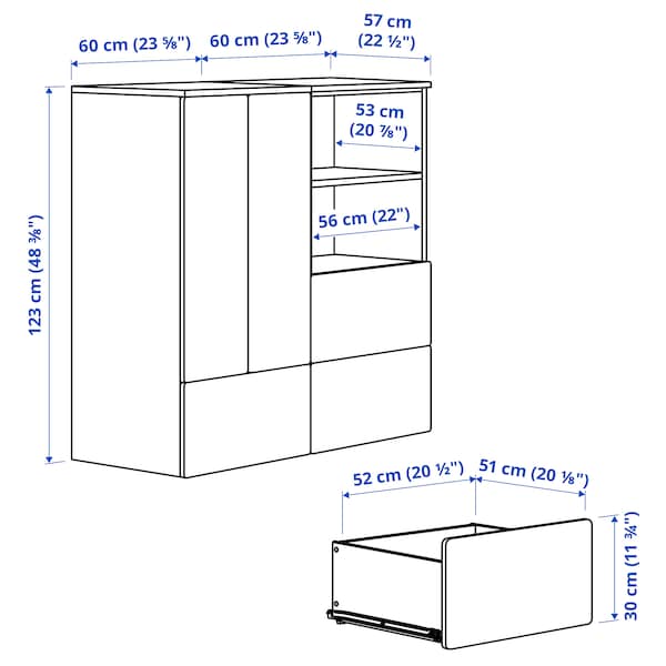 SMÅSTAD / PLATSA - Storage combination, white black/white/stripe with 3 drawers, 120x57x123 cm