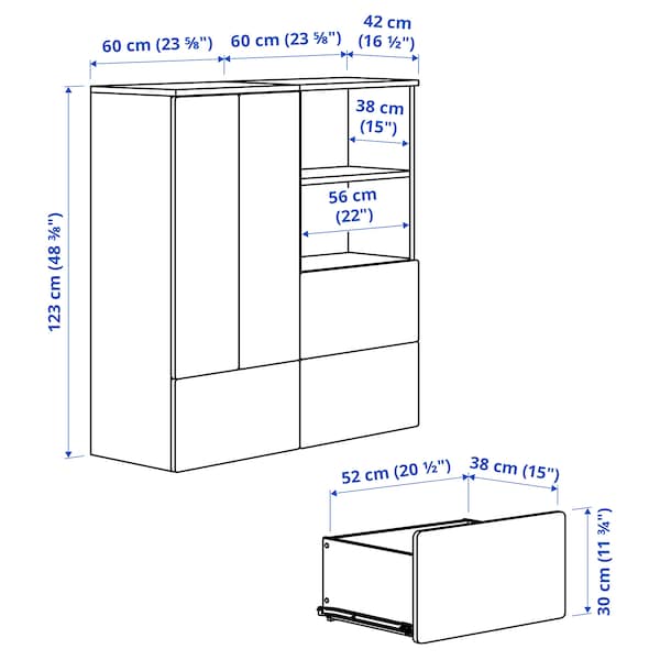 SMÅSTAD / PLATSA - Storage combination, white black/white/stripe with 3 drawers, 120x42x123 cm