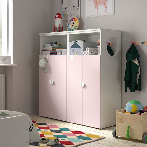 SMÅSTAD / PLATSA - Storage combination, white/pale pink with 6 shelves, 120x42x123 cm