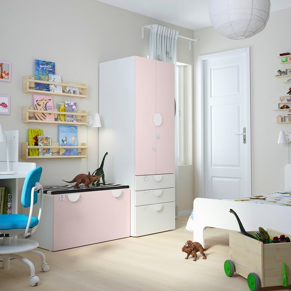 SMÅSTAD / PLATSA - Storage combination, white pale pink/with bench, 150x57x181 cm