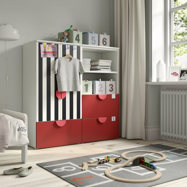 SMÅSTAD / PLATSA - SMÅSTAD / PLATSA Storage combination, white red/stripe with 3 drawers, 120x42x123 cm