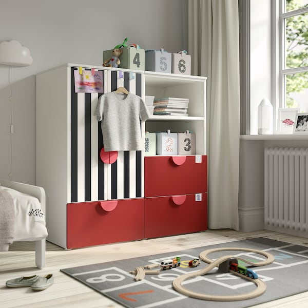 SMÅSTAD / PLATSA - Storage combination, white red/stripe with 3 drawers, 120x57x123 cm