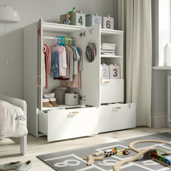SMÅSTAD / PLATSA - SMÅSTAD / PLATSA Storage combination, white red/stripe with 3 drawers, 120x42x123 cm