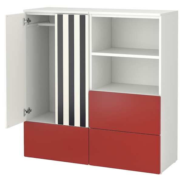 SMÅSTAD / PLATSA - Storage combination, white red/stripe with 3 drawers, 120x42x123 cm