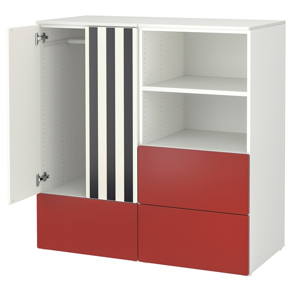SMÅSTAD / PLATSA - Furniture combination, white red/ striped with 3 drawers,120x57x123 cm