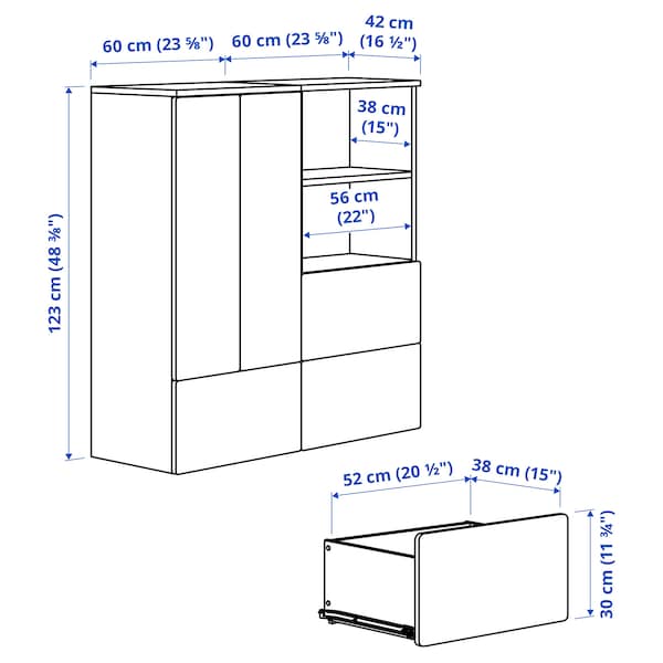 SMÅSTAD / PLATSA - Storage combination, white red/stripe with 3 drawers, 120x42x123 cm