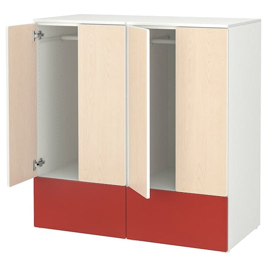 Ikea SMÅSTAD / PLATSA - Storage combination, white red/birch with 2 drawers, 120x57x123 cm