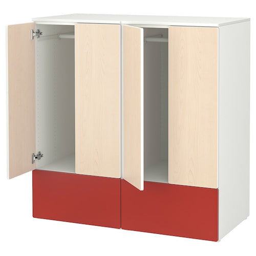 SMÅSTAD / PLATSA - Storage combination, white red/birch with 2 drawers, 120x57x123 cm