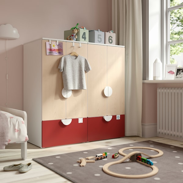 SMÅSTAD / PLATSA - Furniture combination, white red / birch with 2 drawers,120x57x123 cm