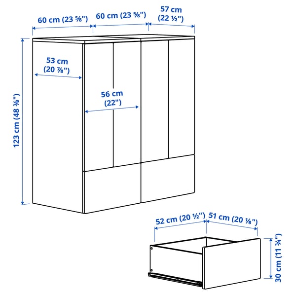 SMÅSTAD / PLATSA - Storage combination, white red/birch with 2 drawers, 120x57x123 cm