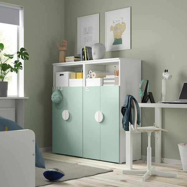 SMÅSTAD / PLATSA - Storage combination, white/light green with 6 shelves, 120x42x123 cm