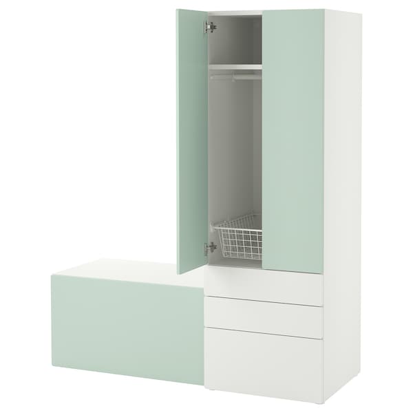 SMÅSTAD / PLATSA - Storage combination, white light green/with bench, 150x57x181 cm