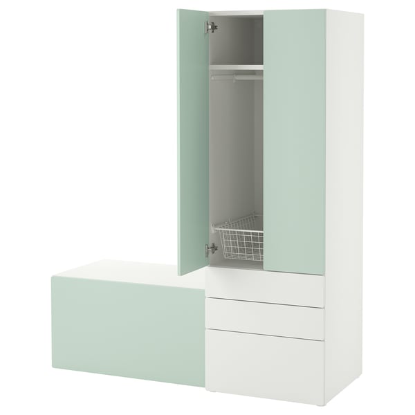 SMÅSTAD / PLATSA - SMÅSTAD / PLATSA Storage combination, white light green/with bench, 150x57x181 cm