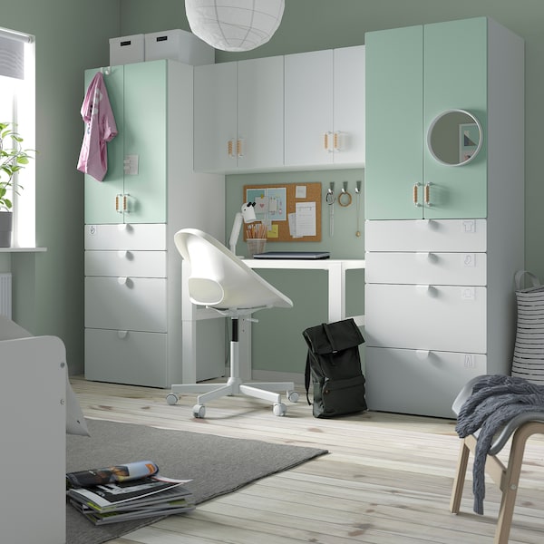 SMÅSTAD / PLATSA - Storage combination, white/light green, 240x57x181 cm