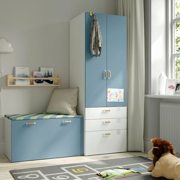 Ikea SMÅSTAD / PLATSA - Storage combination, white blue/with bench, 150x57x181 cm