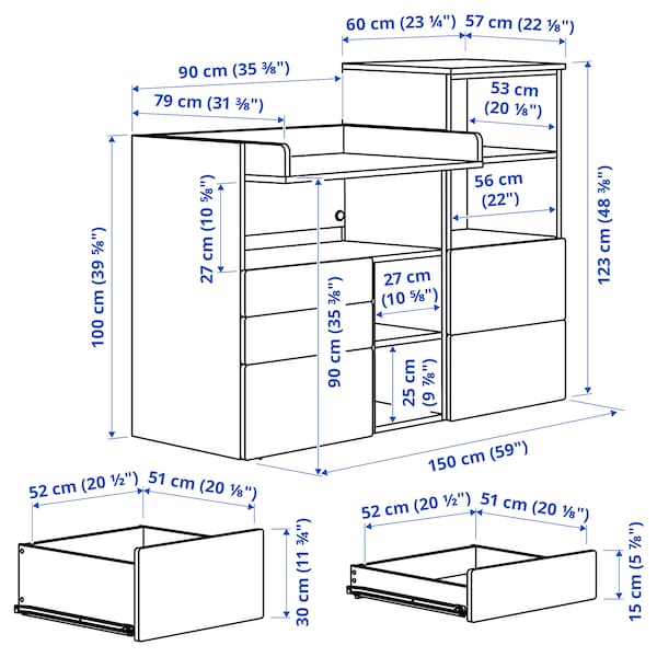 SMÅSTAD / PLATSA - Changing table, white birch/with bookcase, 150x79x123 cm