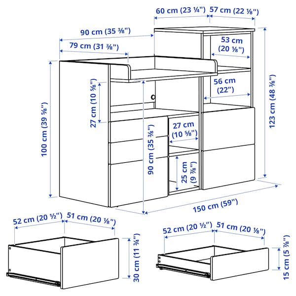 Ikea SMÅSTAD / PLATSA - Changing table, white white/with bookcase, 150x79x123 cm