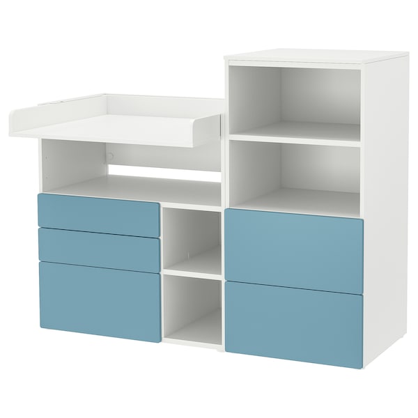 SMÅSTAD / PLATSA - Changing table, white blue/with bookcase, 150x79x123 cm