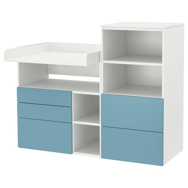 SMÅSTAD / PLATSA changing table, white blue/with bookcase, 150x79x123 cm