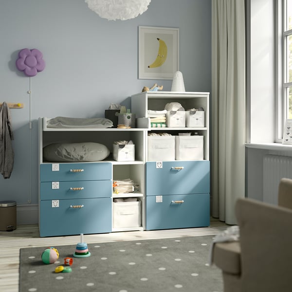 SMÅSTAD / PLATSA changing table, white blue/with bookcase, 150x79x123 cm