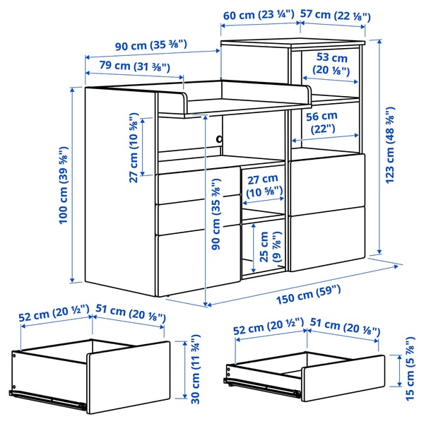 SMÅSTAD / PLATSA changing table, white blue/with bookcase, 150x79x123 cm