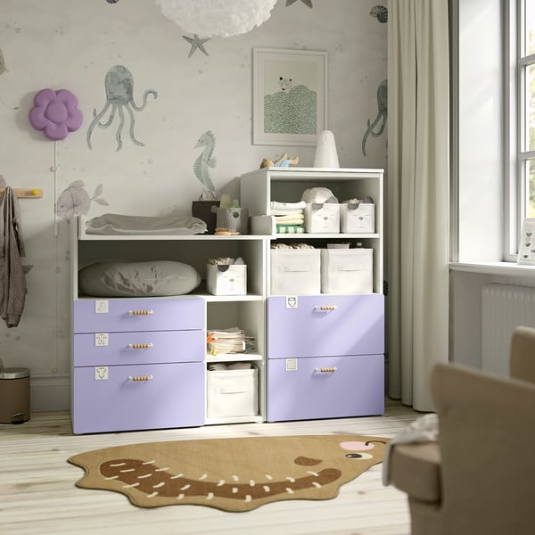SMÅSTAD / PLATSA changing table, white lilac/with bookcase, 150x79x123 cm