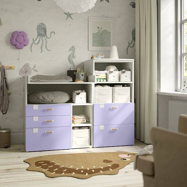 SMÅSTAD / PLATSA changing table, white lilac/with bookcase, 150x79x123 cm